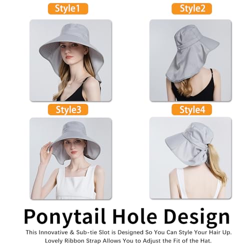Ruqizhi Wide Brim Sun Hats for Women with Neck Flap UV Protection UPF 50+ Fishing Hats Rollable Ponytail Hole