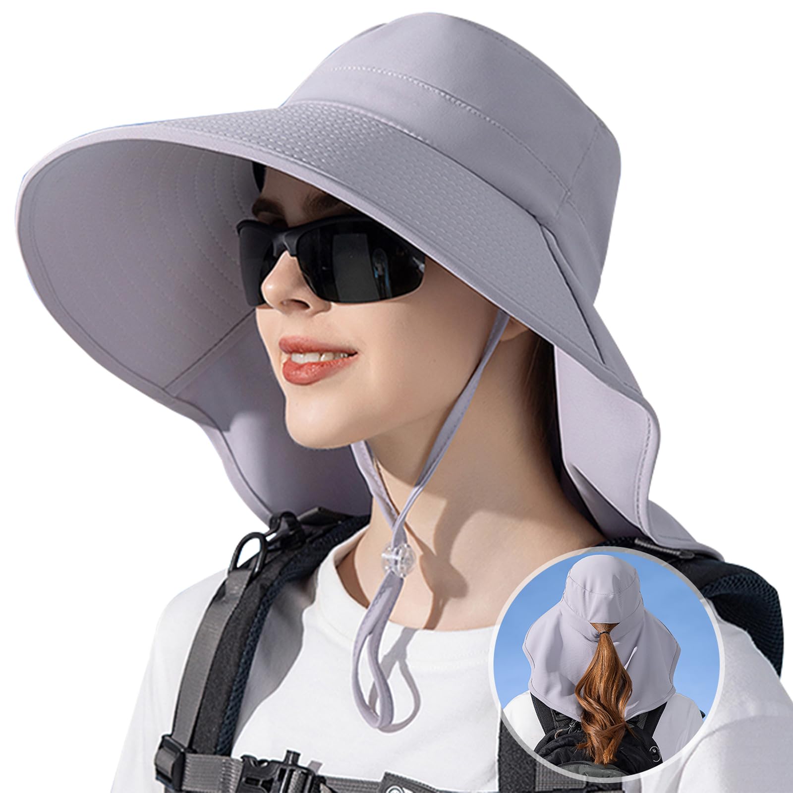 Ruqizhi Wide Brim Sun Hats for Women with Neck Flap UV Protection UPF 50+ Fishing Hats Rollable Ponytail Hole